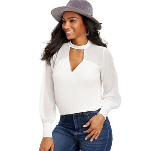 Maurices Womens Chiffon Blouse M White Keyhole Neck Sheer Office Chic Elegant